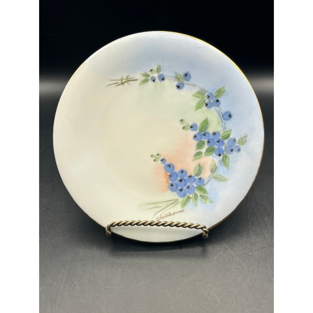 Bareuther‎ Bavaria Plate Decorative Hand Painted Blueberries Gold Trim Signed 6"